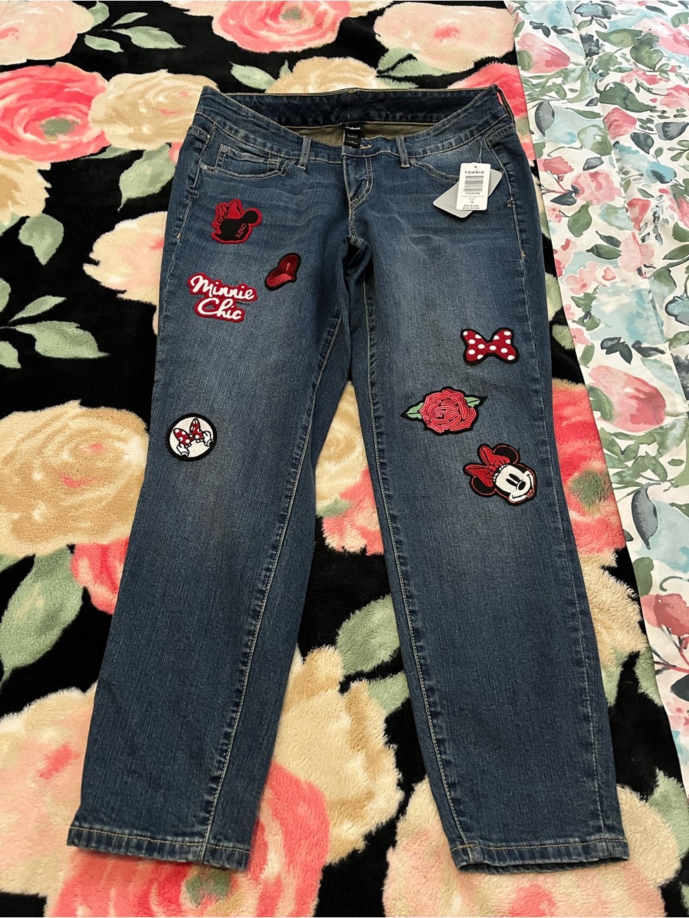 Disney Women's Straight Leg Jeans with Minnie Embroidered Patches - Blue
